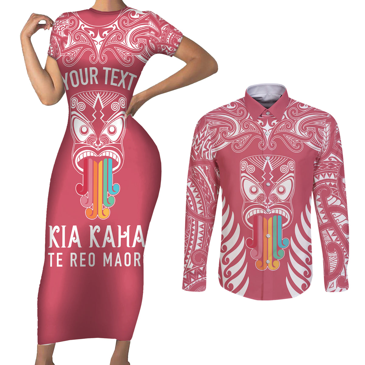 personalised-kia-kaha-te-reo-maori-couples-matching-short-sleeve-bodycon-dress-and-long-sleeve-button-shirts-hei-tiki-mix-koru-pink