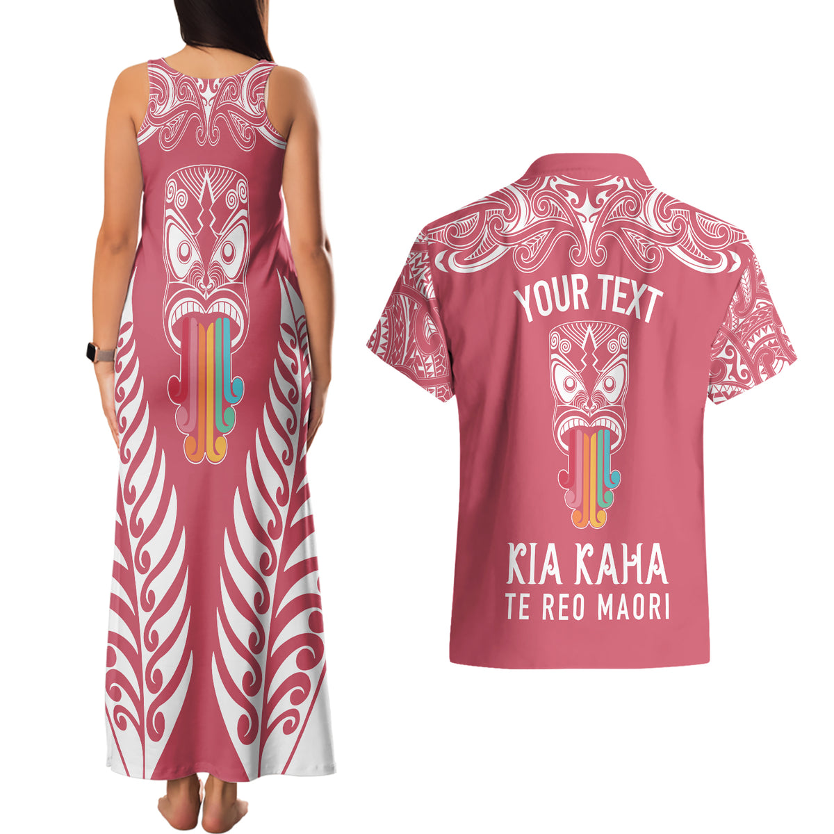 personalised-kia-kaha-te-reo-maori-couples-matching-tank-maxi-dress-and-hawaiian-shirt-hei-tiki-mix-koru-pink