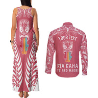 Personalised Kia Kaha Te Reo Maori Couples Matching Tank Maxi Dress and Long Sleeve Button Shirts Hei Tiki Mix Koru - Pink LT7 - Polynesian Pride