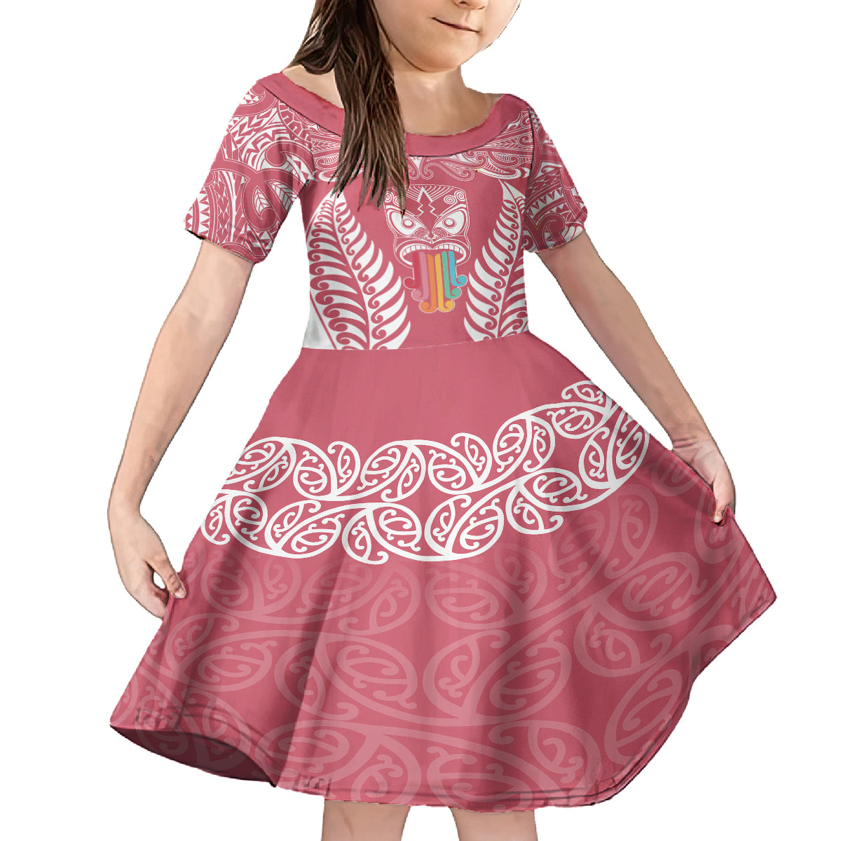 Personalised Kia Kaha Te Reo Maori Family Matching Off Shoulder Maxi Dress and Hawaiian Shirt Hei Tiki Mix Koru - Pink LT7 Daughter's Dress Pink - Polynesian Pride