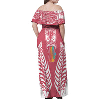 Personalised Kia Kaha Te Reo Maori Family Matching Off Shoulder Maxi Dress and Hawaiian Shirt Hei Tiki Mix Koru - Pink LT7 - Polynesian Pride