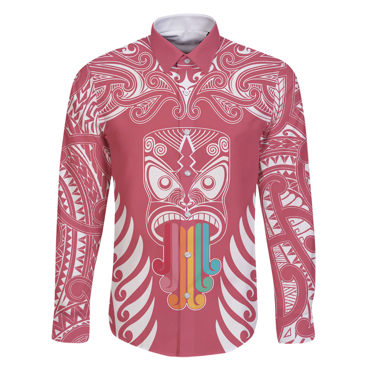Personalised Kia Kaha Te Reo Maori Family Matching Puletasi Dress and Hawaiian Shirt Hei Tiki Mix Koru - Pink LT7 Dad's Shirt - Long Sleeve Pink - Polynesian Pride