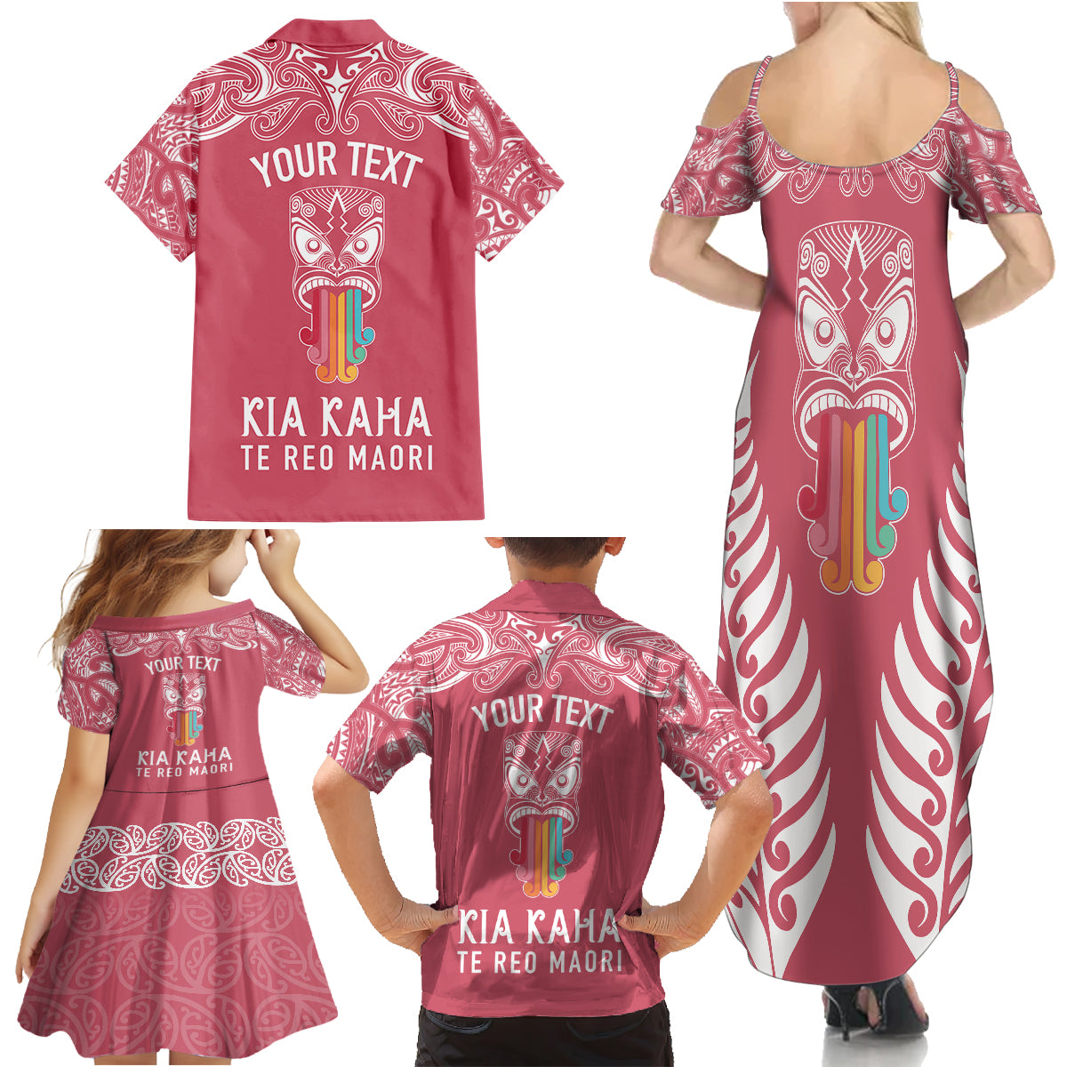 Personalised Kia Kaha Te Reo Maori Family Matching Summer Maxi Dress and Hawaiian Shirt Hei Tiki Mix Koru - Pink LT7 - Polynesian Pride