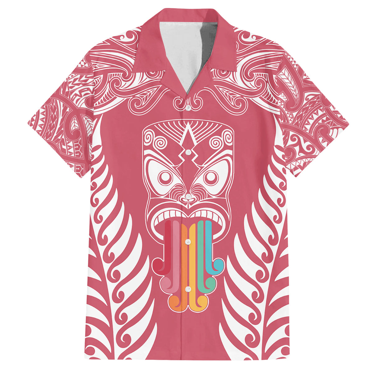 Personalised Kia Kaha Te Reo Maori Family Matching Summer Maxi Dress and Hawaiian Shirt Hei Tiki Mix Koru - Pink LT7 Dad's Shirt - Short Sleeve Pink - Polynesian Pride