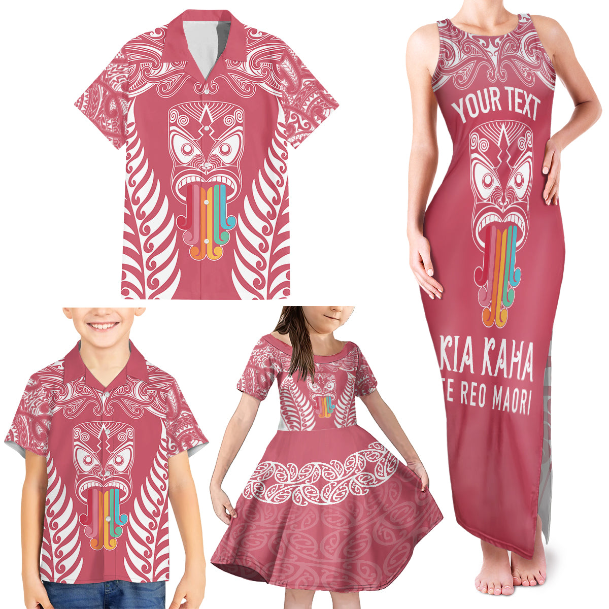 Personalised Kia Kaha Te Reo Maori Family Matching Tank Maxi Dress and Hawaiian Shirt Hei Tiki Mix Koru - Pink LT7 - Polynesian Pride