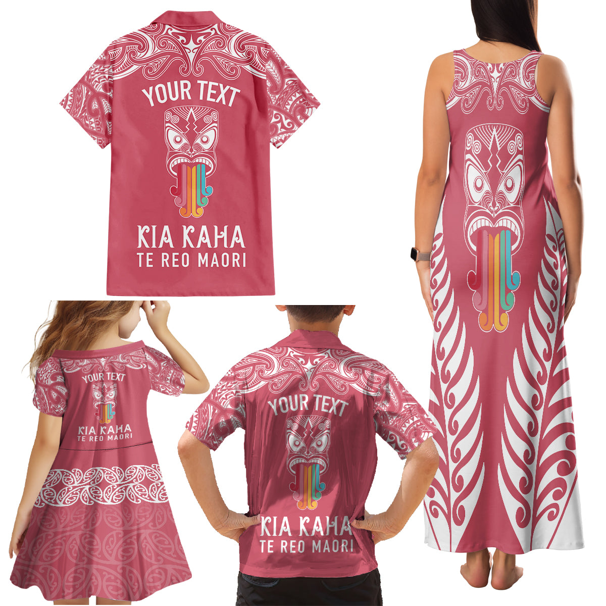 Personalised Kia Kaha Te Reo Maori Family Matching Tank Maxi Dress and Hawaiian Shirt Hei Tiki Mix Koru - Pink LT7 - Polynesian Pride