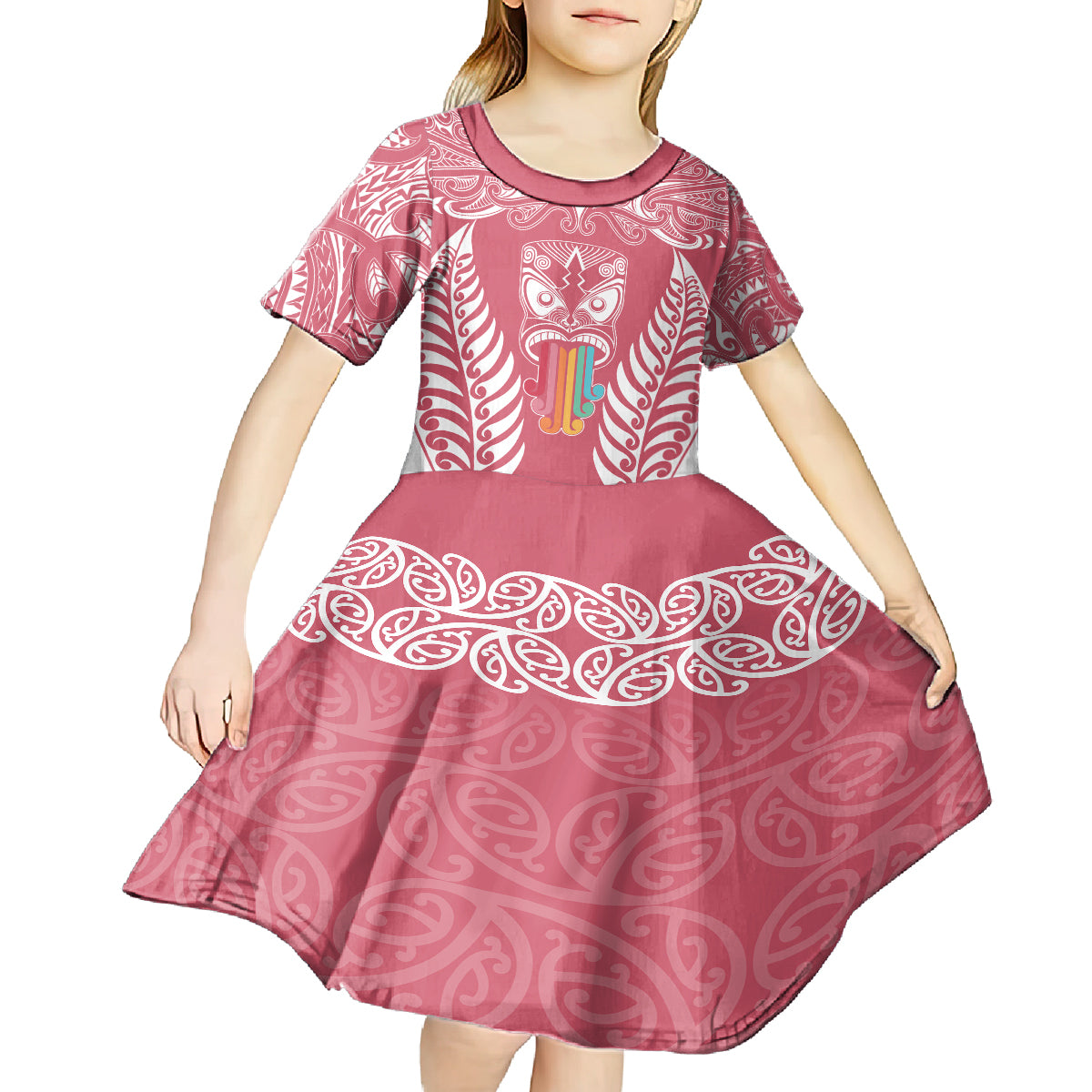 Personalised Kia Kaha Te Reo Maori Kid Short Sleeve Dress Hei Tiki Mix Koru - Pink LT7 - Polynesian Pride