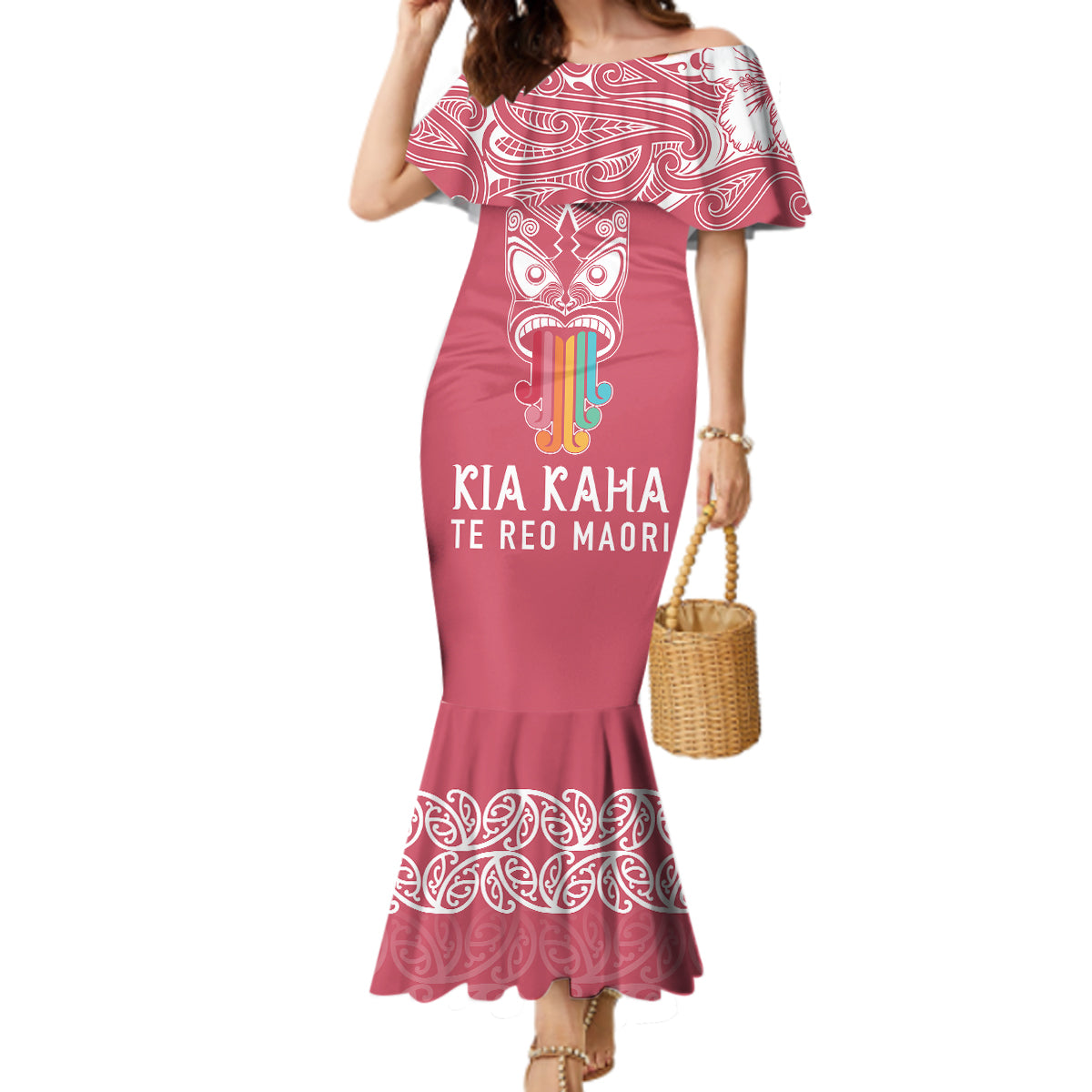 personalised-kia-kaha-te-reo-maori-mermaid-dress-hei-tiki-mix-koru-pink