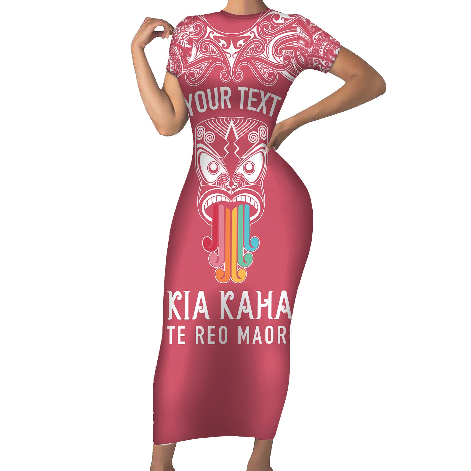 personalised-kia-kaha-te-reo-maori-short-sleeve-bodycon-dress-hei-tiki-mix-koru-pink