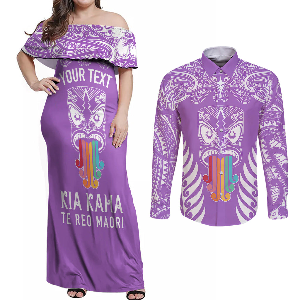 Personalised Kia Kaha Te Reo Maori Couples Matching Off Shoulder Maxi Dress and Long Sleeve Button Shirts Hei Tiki Mix Koru - Purple LT7 Purple - Polynesian Pride