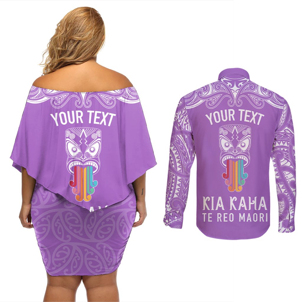 Personalised Kia Kaha Te Reo Maori Couples Matching Off Shoulder Short Dress and Long Sleeve Button Shirts Hei Tiki Mix Koru - Purple LT7 - Polynesian Pride