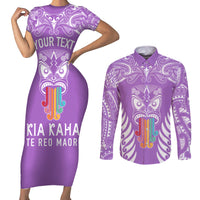 personalised-kia-kaha-te-reo-maori-couples-matching-short-sleeve-bodycon-dress-and-long-sleeve-button-shirts-hei-tiki-mix-koru-purple