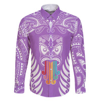 personalised-kia-kaha-te-reo-maori-family-matching-long-sleeve-bodycon-dress-and-hawaiian-shirt-hei-tiki-mix-koru-purple