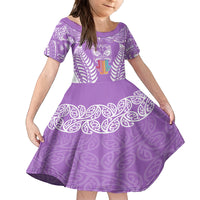 Personalised Kia Kaha Te Reo Maori Family Matching Off Shoulder Maxi Dress and Hawaiian Shirt Hei Tiki Mix Koru - Purple LT7 Daughter's Dress Purple - Polynesian Pride