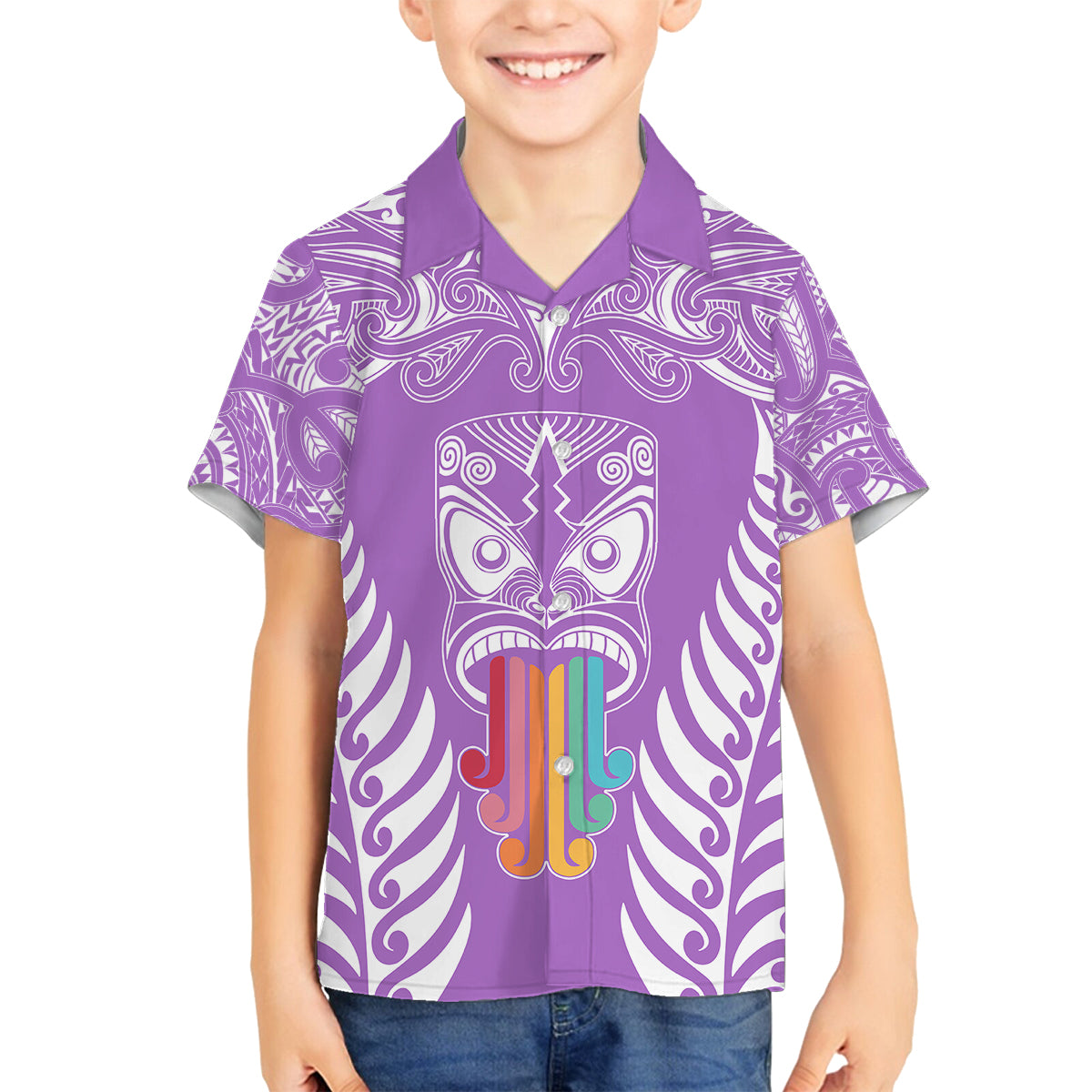 Personalised Kia Kaha Te Reo Maori Family Matching Off Shoulder Maxi Dress and Hawaiian Shirt Hei Tiki Mix Koru - Purple LT7 Son's Shirt Purple - Polynesian Pride