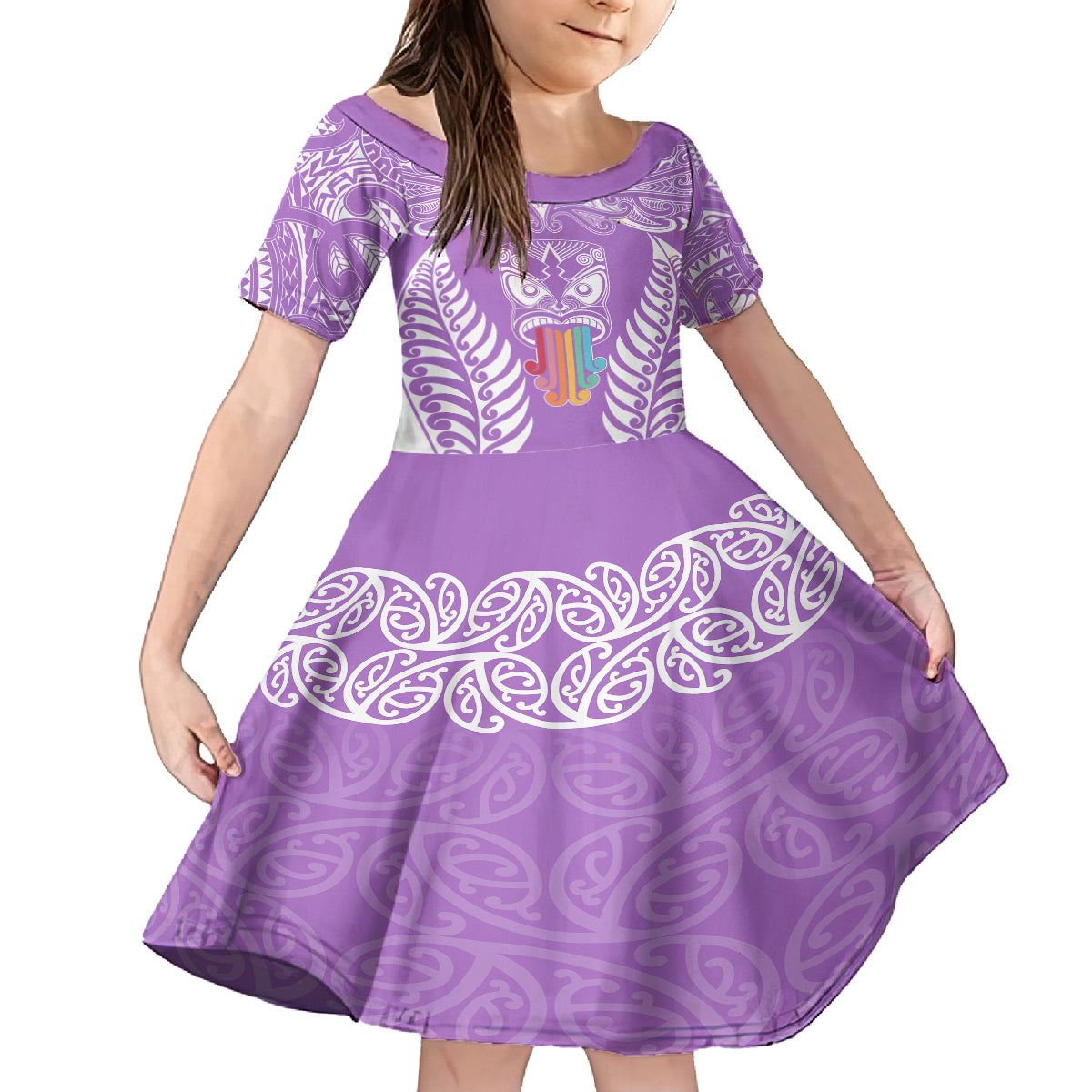 Personalised Kia Kaha Te Reo Maori Family Matching Summer Maxi Dress and Hawaiian Shirt Hei Tiki Mix Koru - Purple LT7 Daughter's Dress Purple - Polynesian Pride