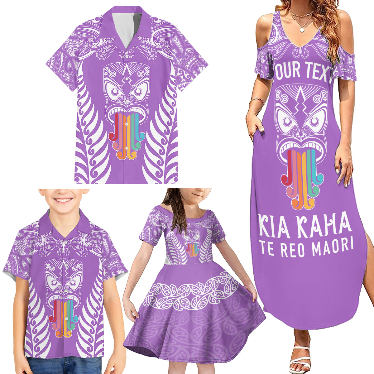 Personalised Kia Kaha Te Reo Maori Family Matching Summer Maxi Dress and Hawaiian Shirt Hei Tiki Mix Koru - Purple LT7 - Polynesian Pride