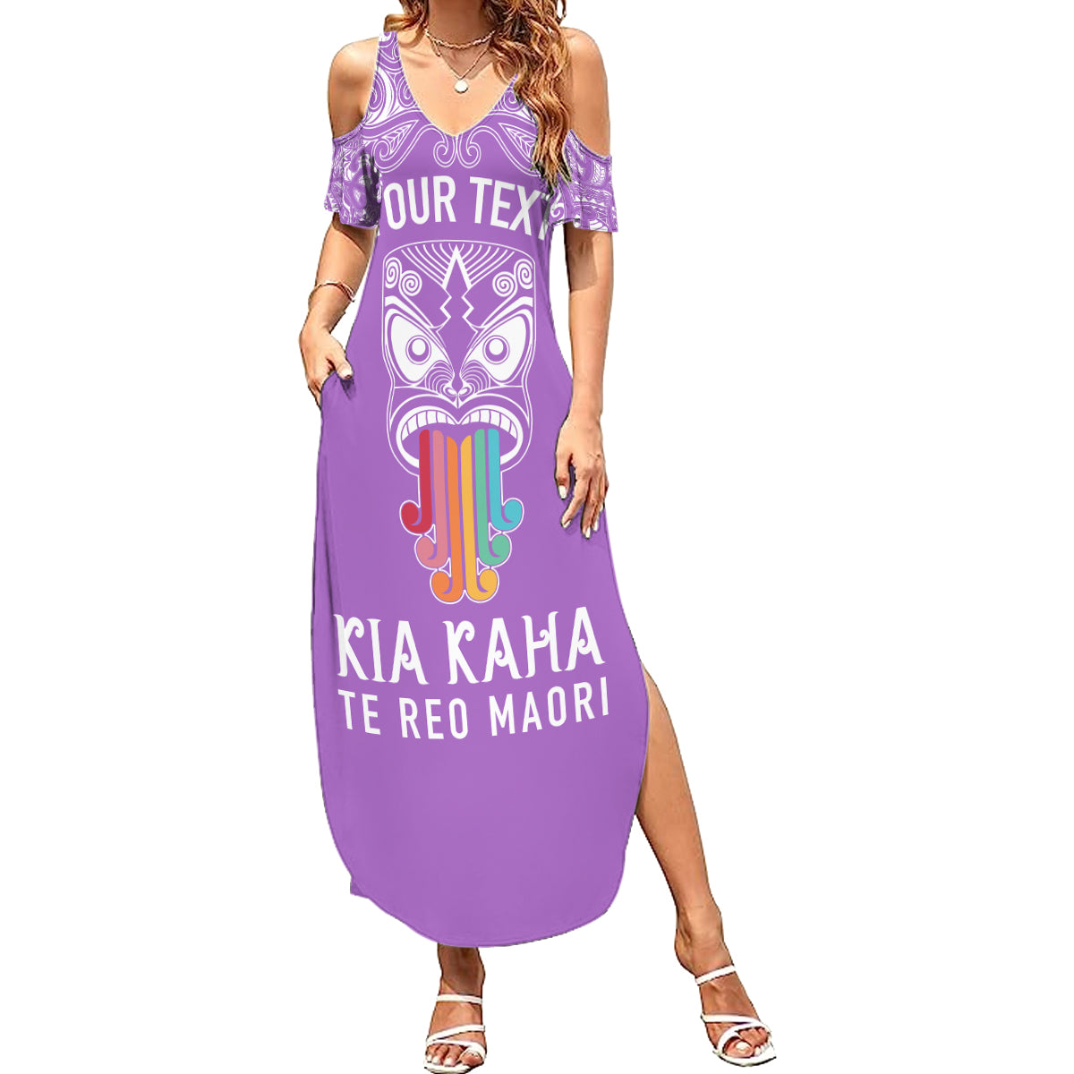 Personalised Kia Kaha Te Reo Maori Family Matching Summer Maxi Dress and Hawaiian Shirt Hei Tiki Mix Koru - Purple LT7 Mom's Dress Purple - Polynesian Pride