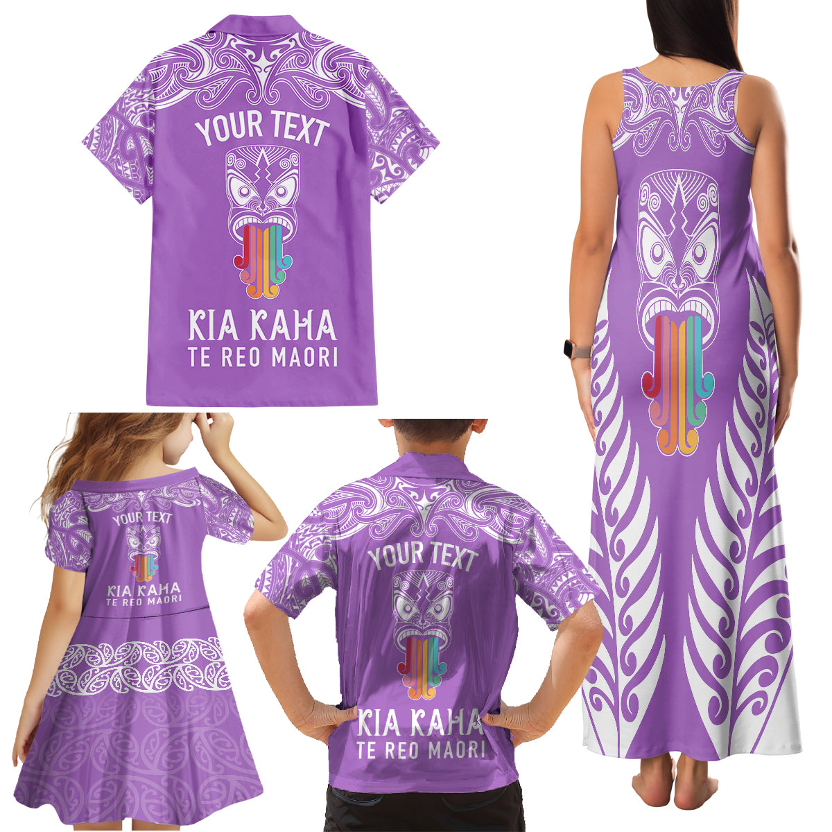 Personalised Kia Kaha Te Reo Maori Family Matching Tank Maxi Dress and Hawaiian Shirt Hei Tiki Mix Koru - Purple LT7 - Polynesian Pride