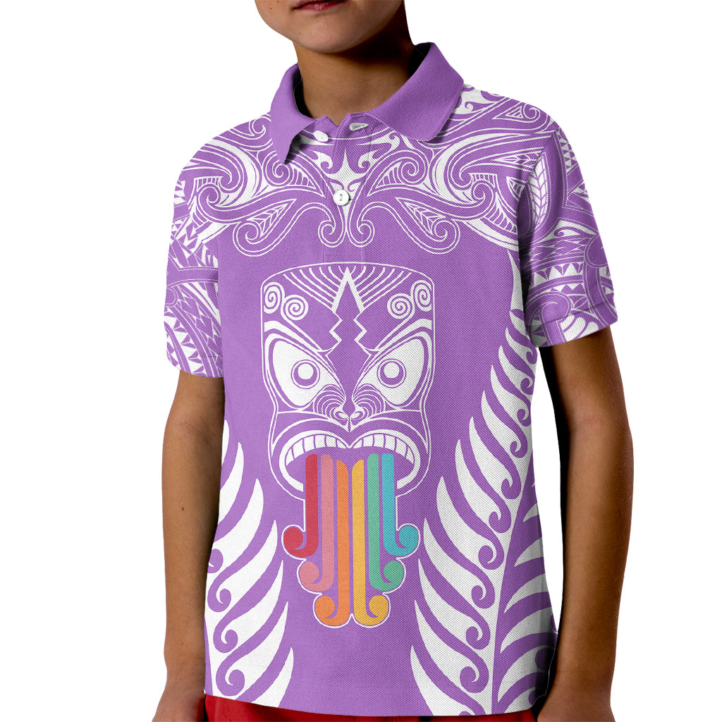 Personalised Kia Kaha Te Reo Maori Kid Polo Shirt Hei Tiki Mix Koru - Purple LT7 Kid Purple - Polynesian Pride