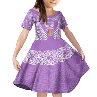 Personalised Kia Kaha Te Reo Maori Kid Short Sleeve Dress Hei Tiki Mix Koru - Purple LT7 KID Purple - Polynesian Pride