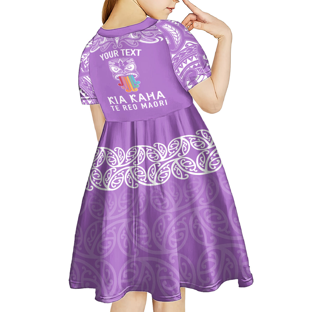 Personalised Kia Kaha Te Reo Maori Kid Short Sleeve Dress Hei Tiki Mix Koru - Purple LT7 - Polynesian Pride