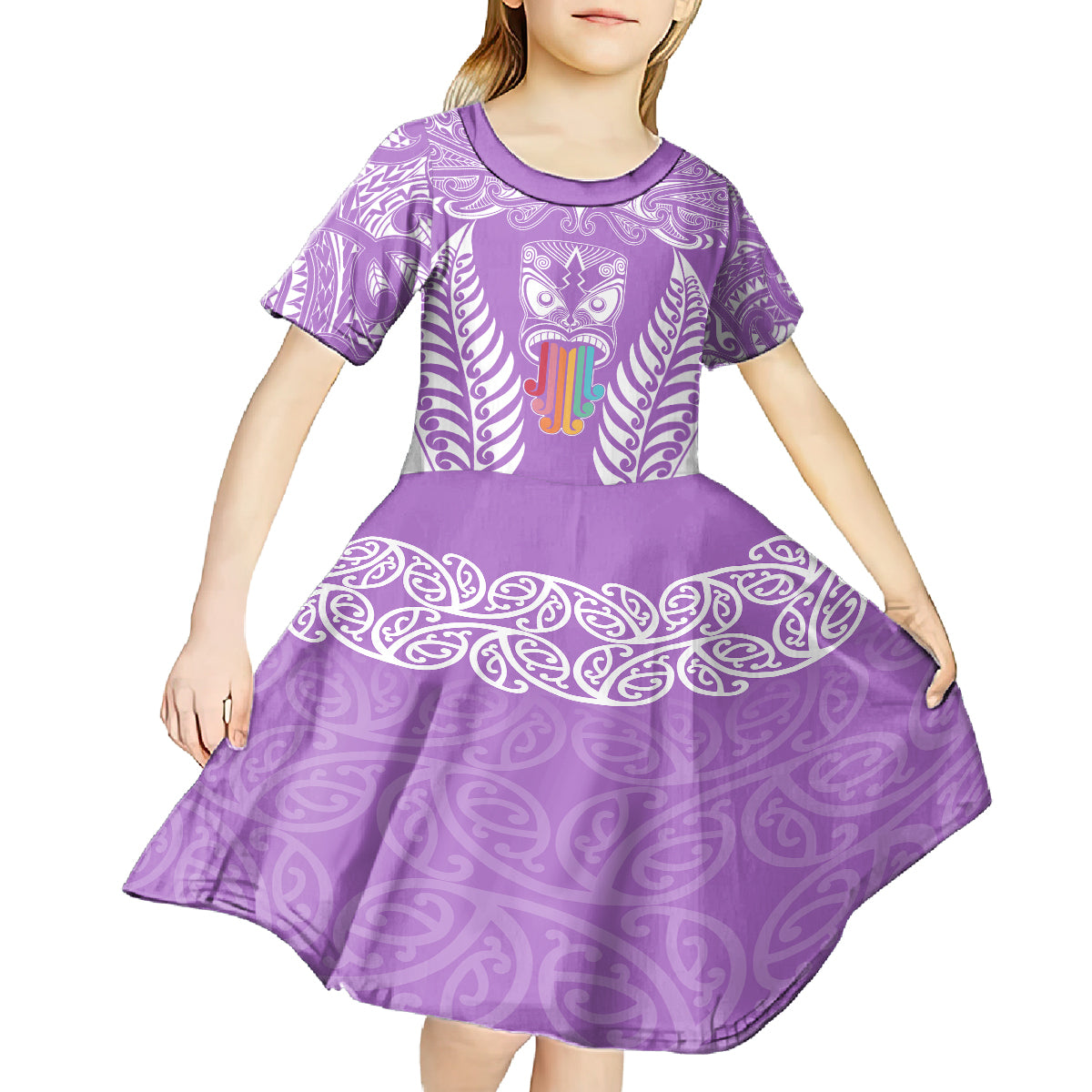 Personalised Kia Kaha Te Reo Maori Kid Short Sleeve Dress Hei Tiki Mix Koru - Purple LT7 - Polynesian Pride