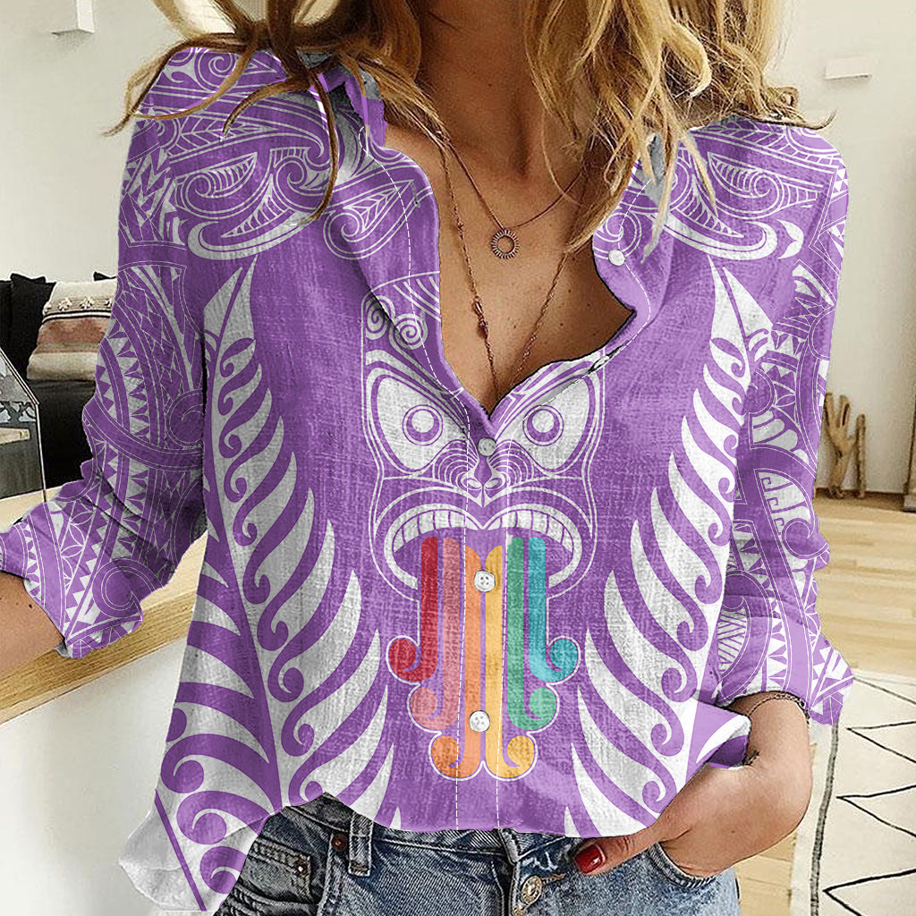Personalised Kia Kaha Te Reo Maori Women Casual Shirt Hei Tiki Mix Koru - Purple LT7 Female Purple - Polynesian Pride