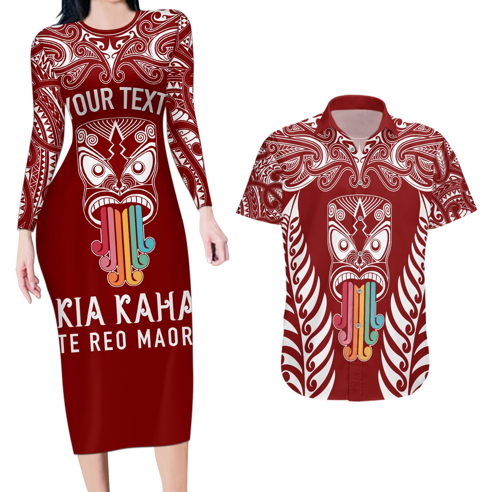 personalised-kia-kaha-te-reo-maori-couples-matching-long-sleeve-bodycon-dress-and-hawaiian-shirt-hei-tiki-mix-koru-red