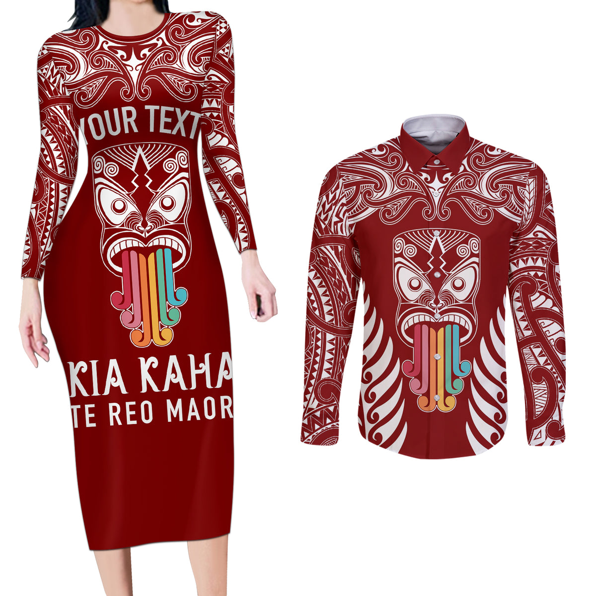 Personalised Kia Kaha Te Reo Maori Couples Matching Long Sleeve Bodycon Dress and Long Sleeve Button Shirts Hei Tiki Mix Koru - Red LT7 Red - Polynesian Pride