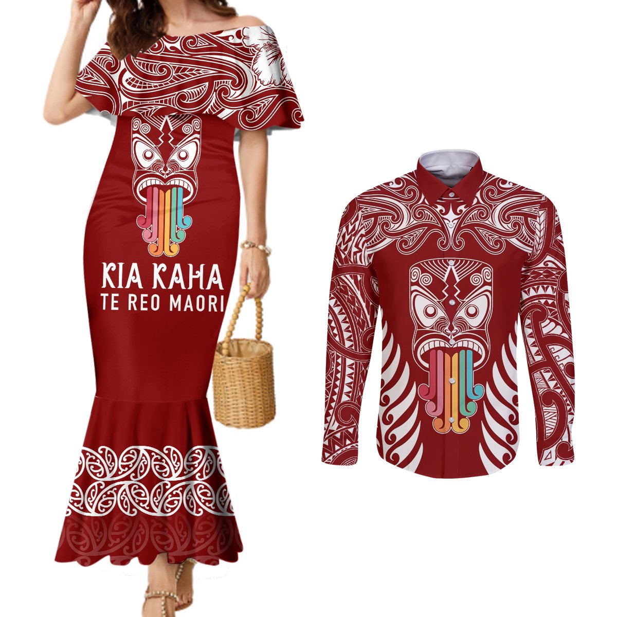 Personalised Kia Kaha Te Reo Maori Couples Matching Mermaid Dress and Long Sleeve Button Shirts Hei Tiki Mix Koru - Red LT7 Red - Polynesian Pride