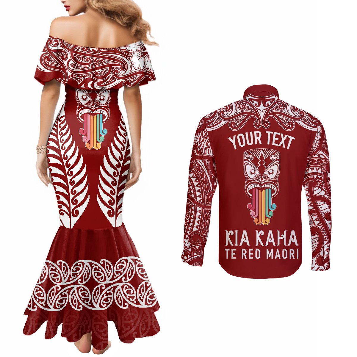 Personalised Kia Kaha Te Reo Maori Couples Matching Mermaid Dress and Long Sleeve Button Shirts Hei Tiki Mix Koru - Red LT7 - Polynesian Pride