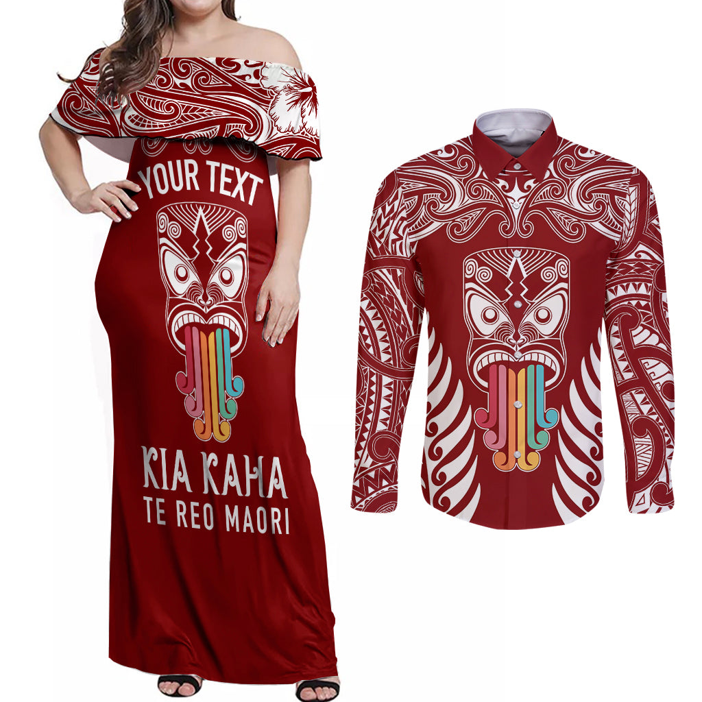 Personalised Kia Kaha Te Reo Maori Couples Matching Off Shoulder Maxi Dress and Long Sleeve Button Shirts Hei Tiki Mix Koru - Red LT7 Red - Polynesian Pride