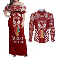 Personalised Kia Kaha Te Reo Maori Couples Matching Off Shoulder Maxi Dress and Long Sleeve Button Shirts Hei Tiki Mix Koru - Red LT7 Red - Polynesian Pride