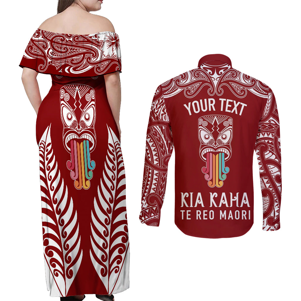 Personalised Kia Kaha Te Reo Maori Couples Matching Off Shoulder Maxi Dress and Long Sleeve Button Shirts Hei Tiki Mix Koru - Red LT7 - Polynesian Pride
