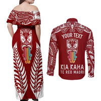 Personalised Kia Kaha Te Reo Maori Couples Matching Off Shoulder Maxi Dress and Long Sleeve Button Shirts Hei Tiki Mix Koru - Red LT7 - Polynesian Pride