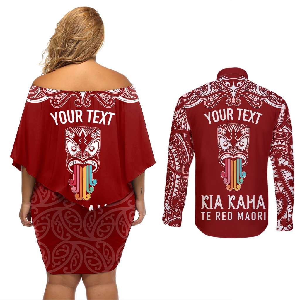 Personalised Kia Kaha Te Reo Maori Couples Matching Off Shoulder Short Dress and Long Sleeve Button Shirts Hei Tiki Mix Koru - Red LT7 - Polynesian Pride