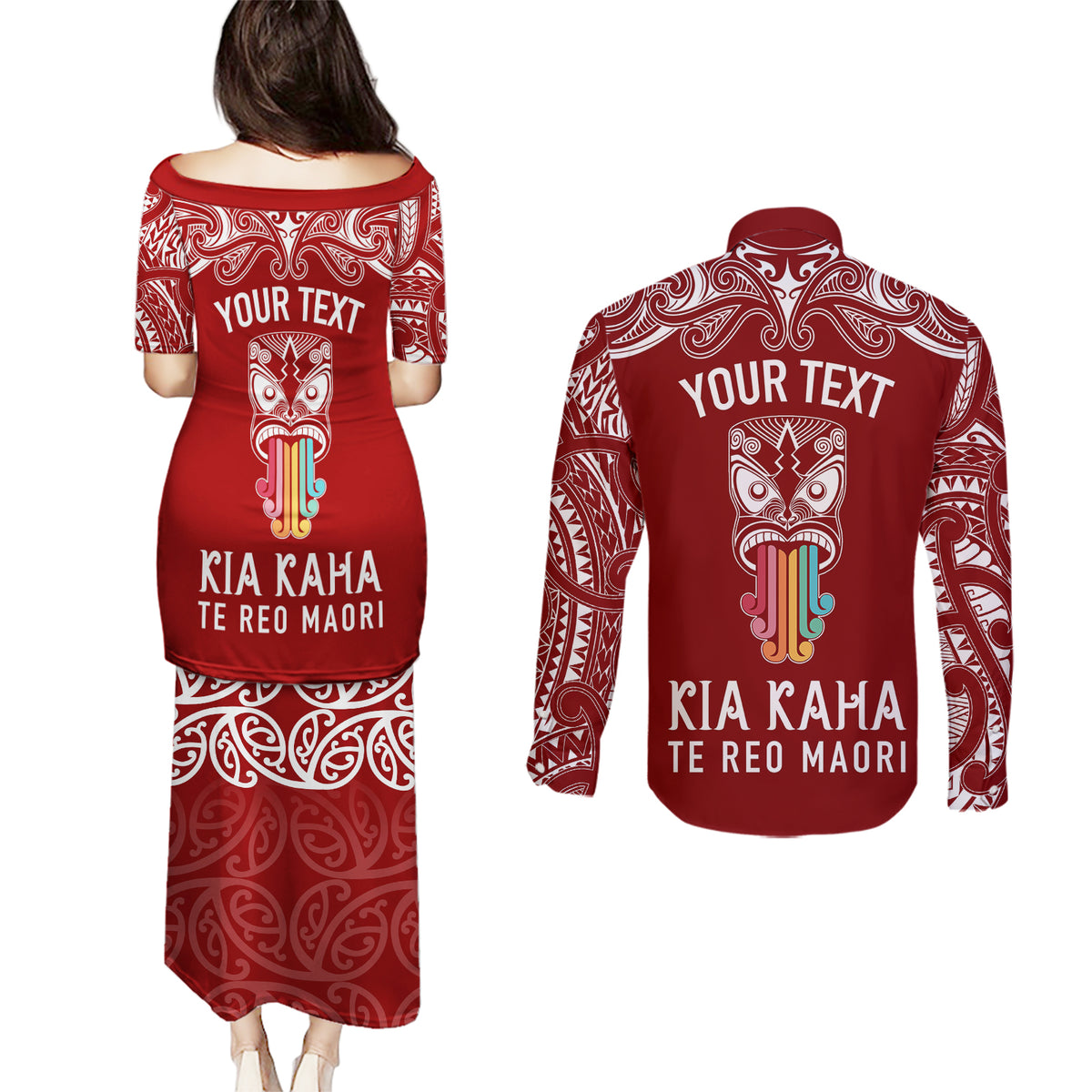 Personalised Kia Kaha Te Reo Maori Couples Matching Puletasi Dress and Long Sleeve Button Shirts Hei Tiki Mix Koru - Red LT7 - Polynesian Pride