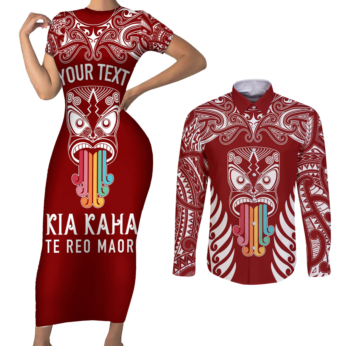 Personalised Kia Kaha Te Reo Maori Couples Matching Short Sleeve Bodycon Dress and Long Sleeve Button Shirts Hei Tiki Mix Koru - Red LT7 Red - Polynesian Pride