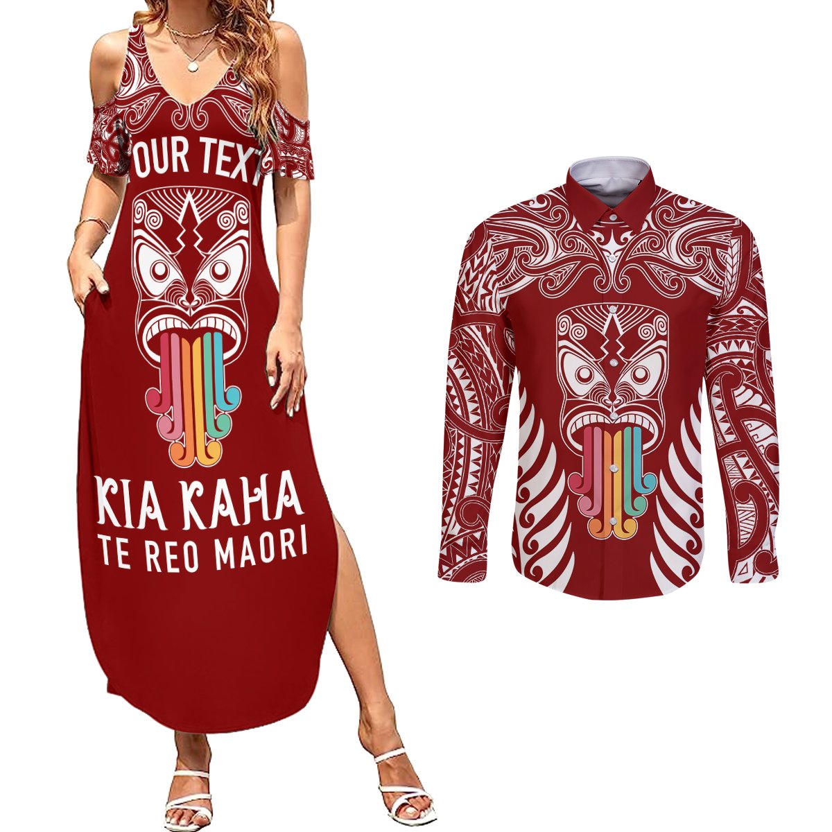 Personalised Kia Kaha Te Reo Maori Couples Matching Summer Maxi Dress and Long Sleeve Button Shirts Hei Tiki Mix Koru - Red LT7 Red - Polynesian Pride
