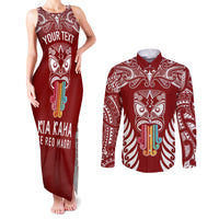 Personalised Kia Kaha Te Reo Maori Couples Matching Tank Maxi Dress and Long Sleeve Button Shirts Hei Tiki Mix Koru - Red LT7 Red - Polynesian Pride