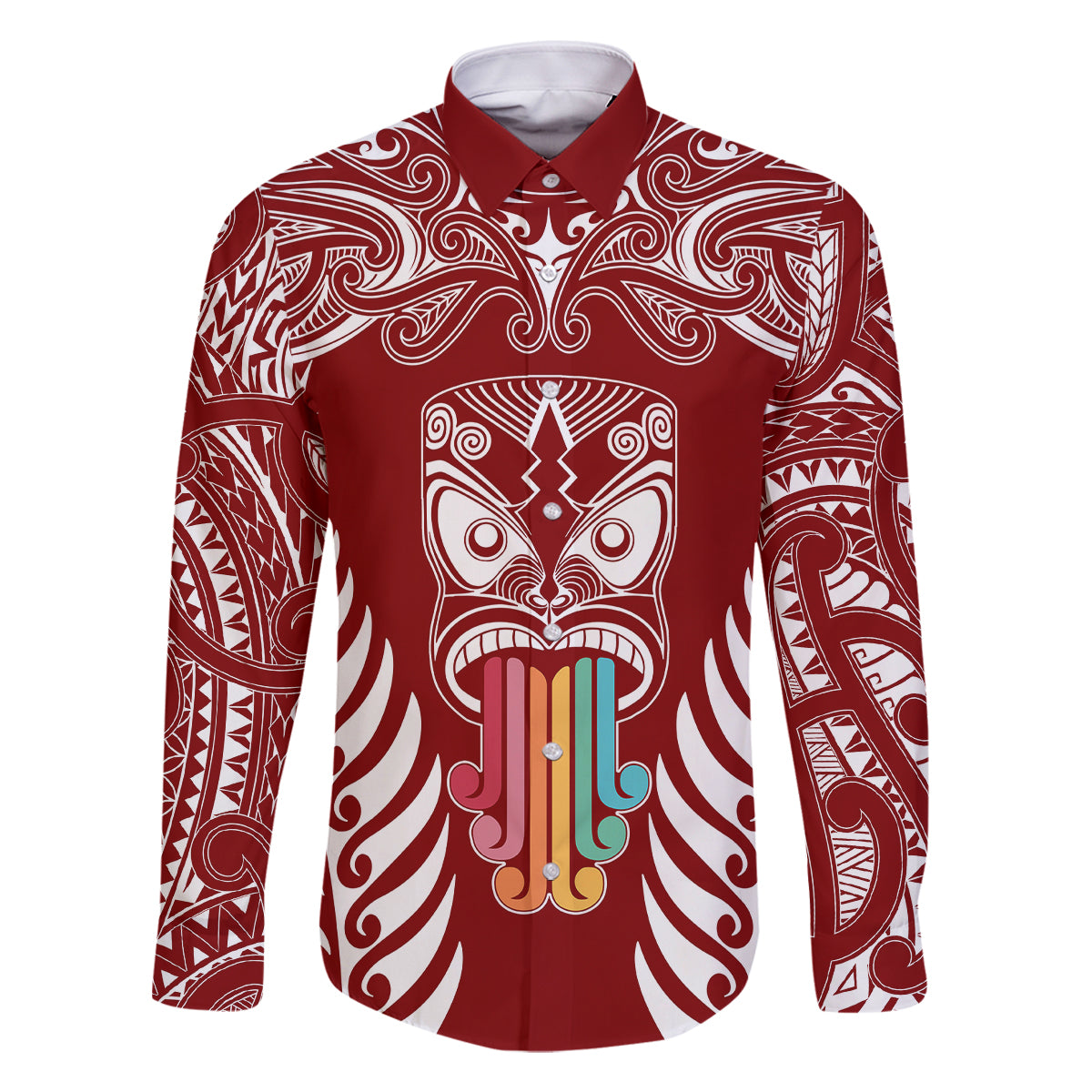 personalised-kia-kaha-te-reo-maori-family-matching-long-sleeve-bodycon-dress-and-hawaiian-shirt-hei-tiki-mix-koru-red