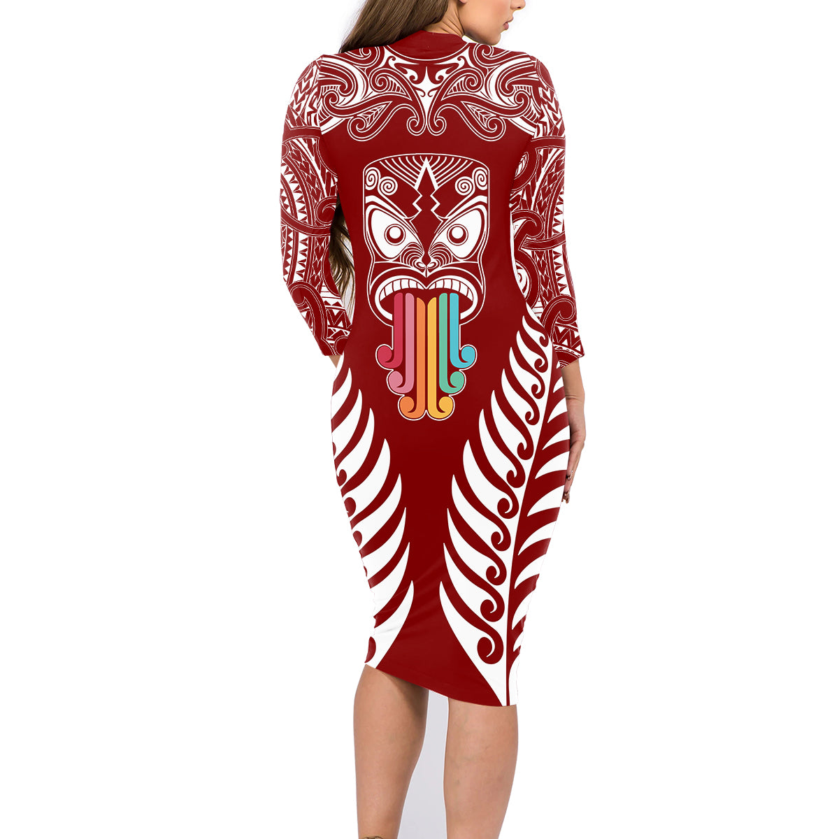 personalised-kia-kaha-te-reo-maori-family-matching-long-sleeve-bodycon-dress-and-hawaiian-shirt-hei-tiki-mix-koru-red