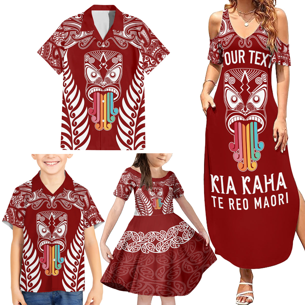 Personalised Kia Kaha Te Reo Maori Family Matching Summer Maxi Dress and Hawaiian Shirt Hei Tiki Mix Koru - Red LT7 - Polynesian Pride