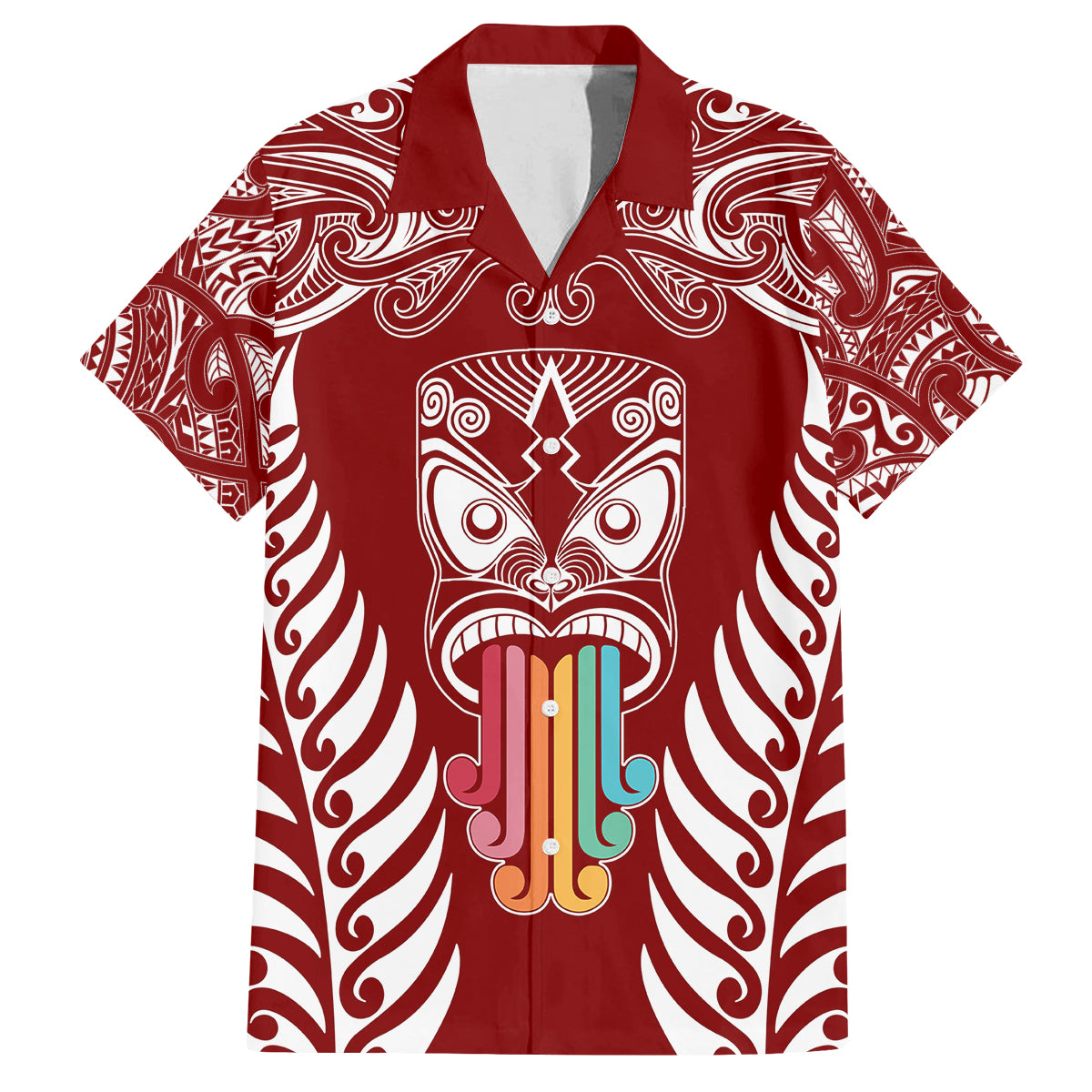 Personalised Kia Kaha Te Reo Maori Family Matching Summer Maxi Dress and Hawaiian Shirt Hei Tiki Mix Koru - Red LT7 Dad's Shirt - Short Sleeve Red - Polynesian Pride