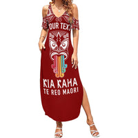 Personalised Kia Kaha Te Reo Maori Family Matching Summer Maxi Dress and Hawaiian Shirt Hei Tiki Mix Koru - Red LT7 Mom's Dress Red - Polynesian Pride