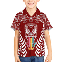 Personalised Kia Kaha Te Reo Maori Family Matching Summer Maxi Dress and Hawaiian Shirt Hei Tiki Mix Koru - Red LT7 Son's Shirt Red - Polynesian Pride