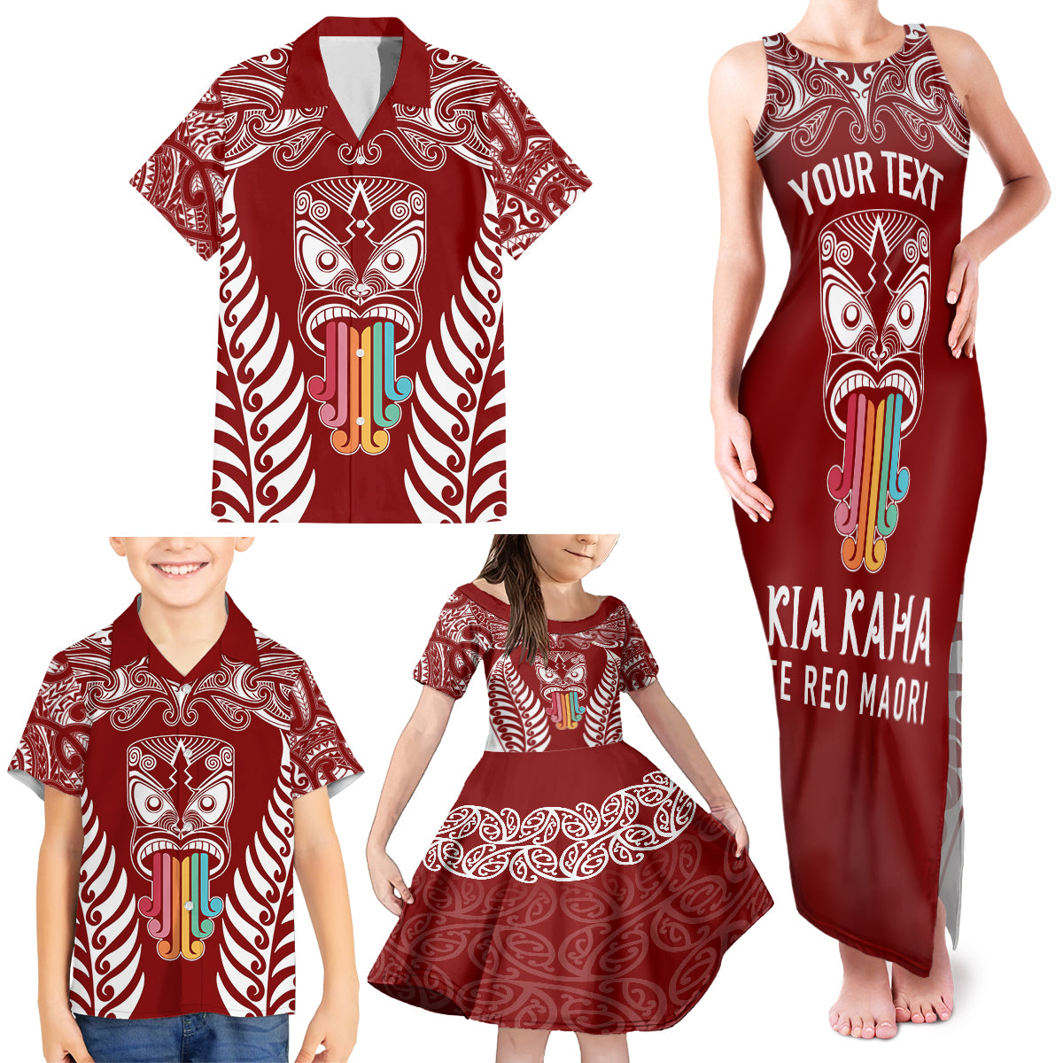 Personalised Kia Kaha Te Reo Maori Family Matching Tank Maxi Dress and Hawaiian Shirt Hei Tiki Mix Koru - Red LT7 - Polynesian Pride