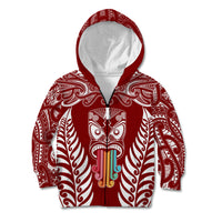 Personalised Kia Kaha Te Reo Maori Kid Hoodie Hei Tiki Mix Koru - Red LT7 Zip Hoodie Red - Polynesian Pride