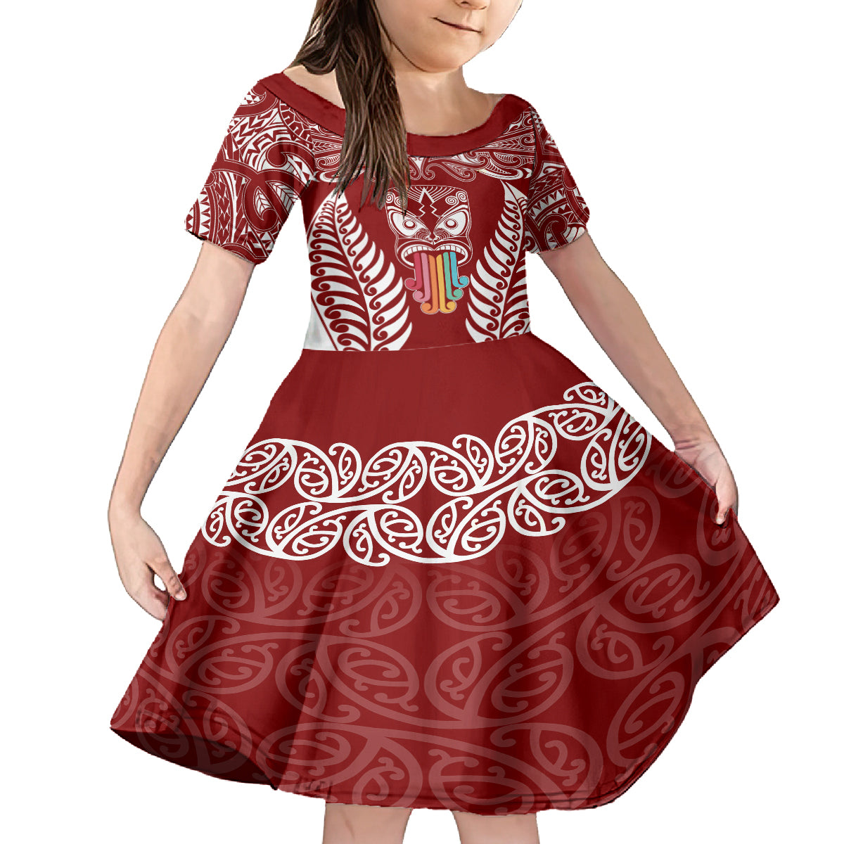 Personalised Kia Kaha Te Reo Maori Kid Short Sleeve Dress Hei Tiki Mix Koru - Red LT7 KID Red - Polynesian Pride